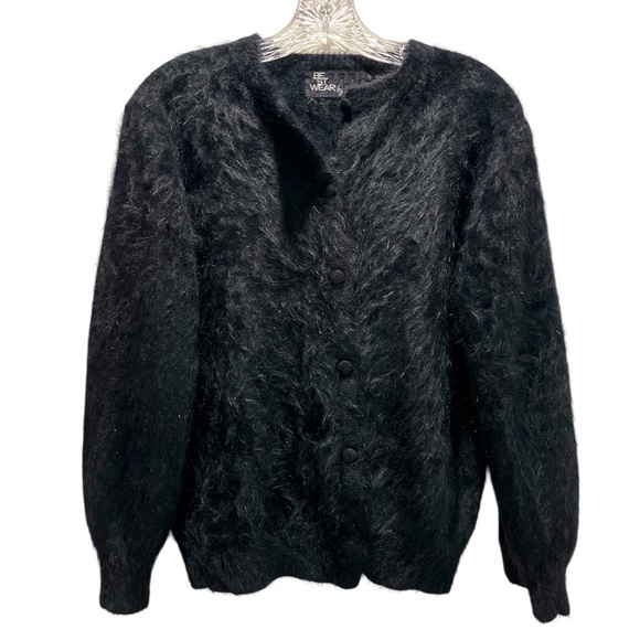 90’s Japanese Vintage 100% Wool Fuzzy Furry Soft Cardigan Black Buttons S/M - Picture 1 of 10